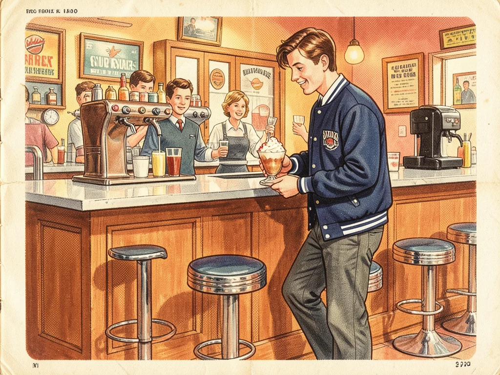 A soda fountain counter with chrome stools, a teenager in a letterman jacket bei