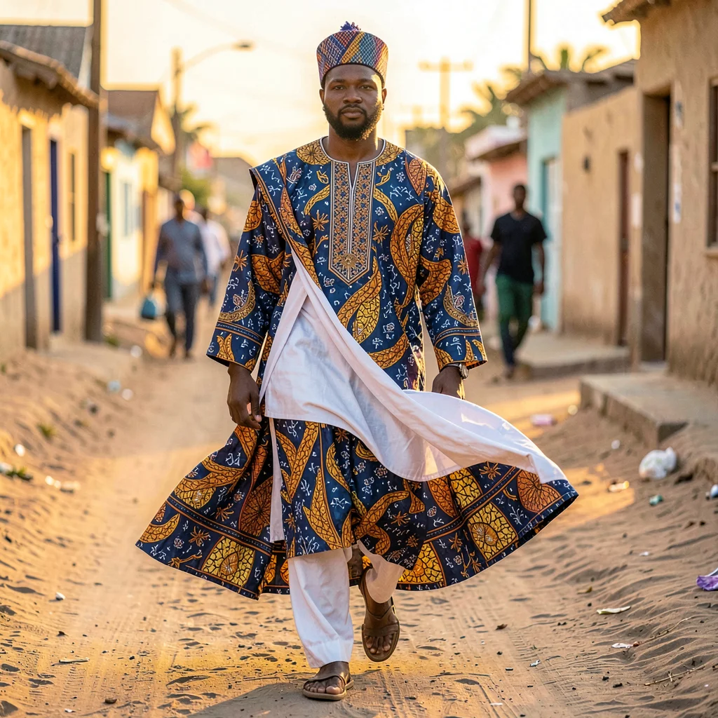 Saturated textile-rich photograph, Man in embroidered grand boubou walking throu