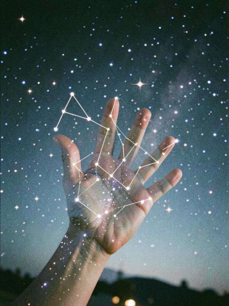 A hand reaching up, double-exposed with a starry night sky, the fingers dissolvi