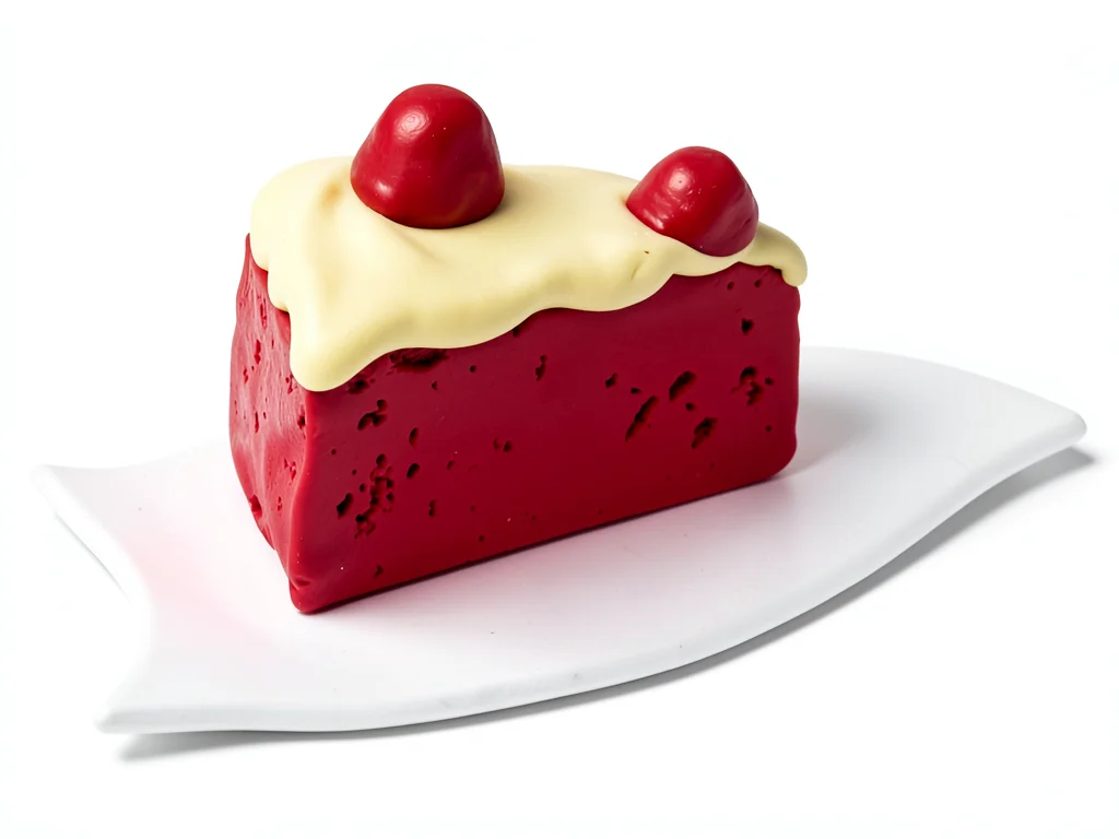 Luscious chunky clay slice of red velvet cake in cherry red with chunky cream-to