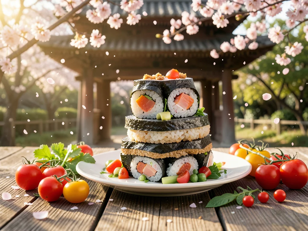 Japanese temple gate made of stacked sushi rolls, cherry blossoms falling