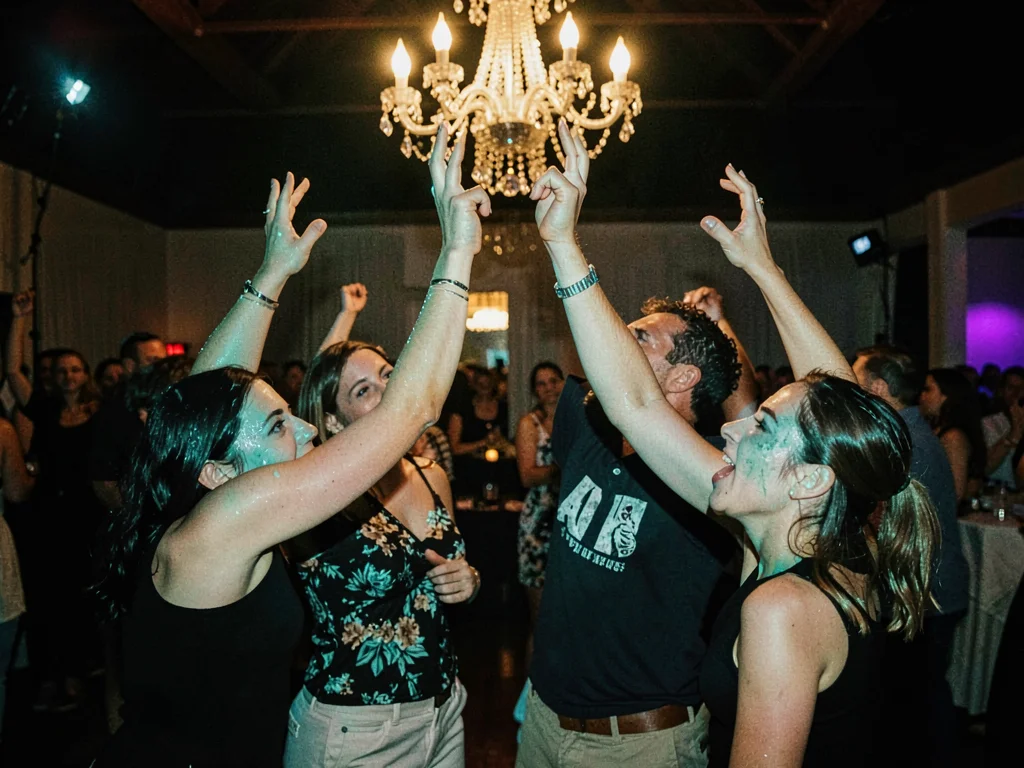 Dance floor at 2am, sweat on foreheads gone teal, overhead incandescent chandeli