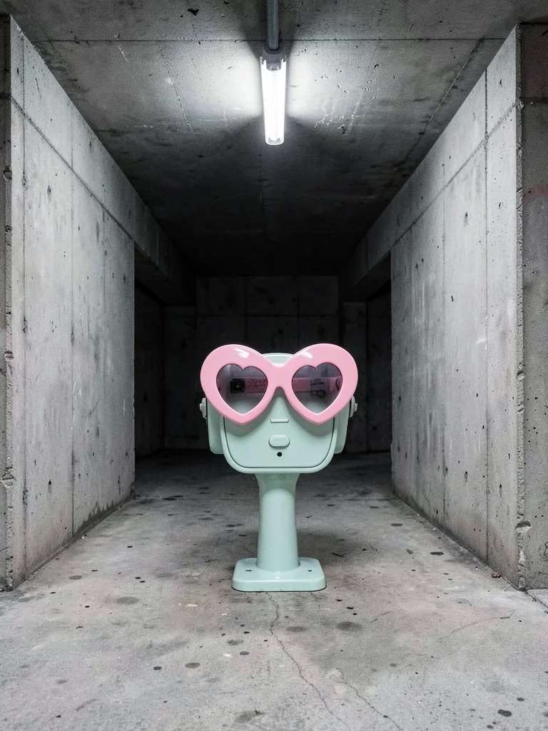 Pink heart-shaped sunglasses on parking meter, concrete sidewalk, urban cute con