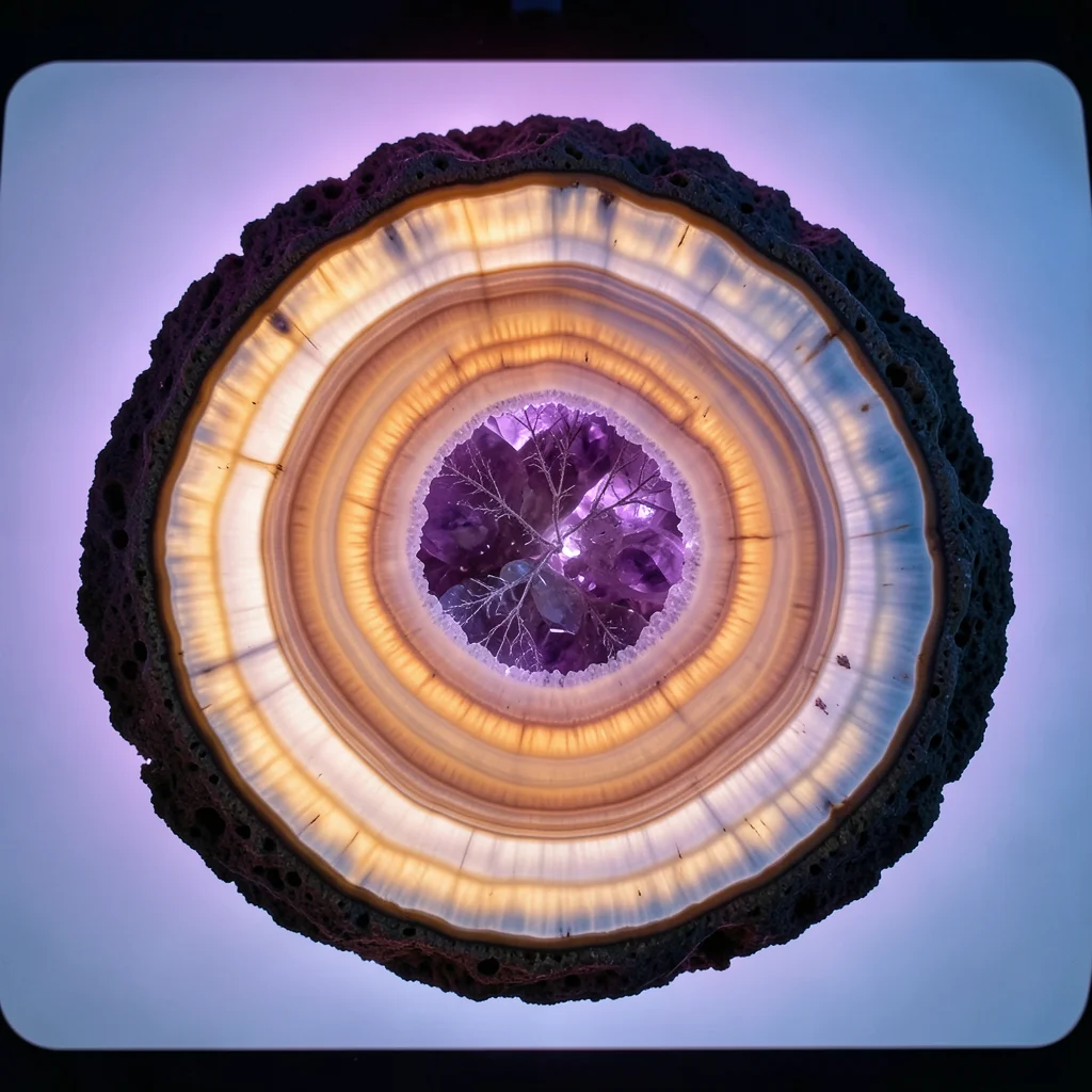 Thunder egg cross-section, rough volcanic exterior surrounding a hidden cavity o