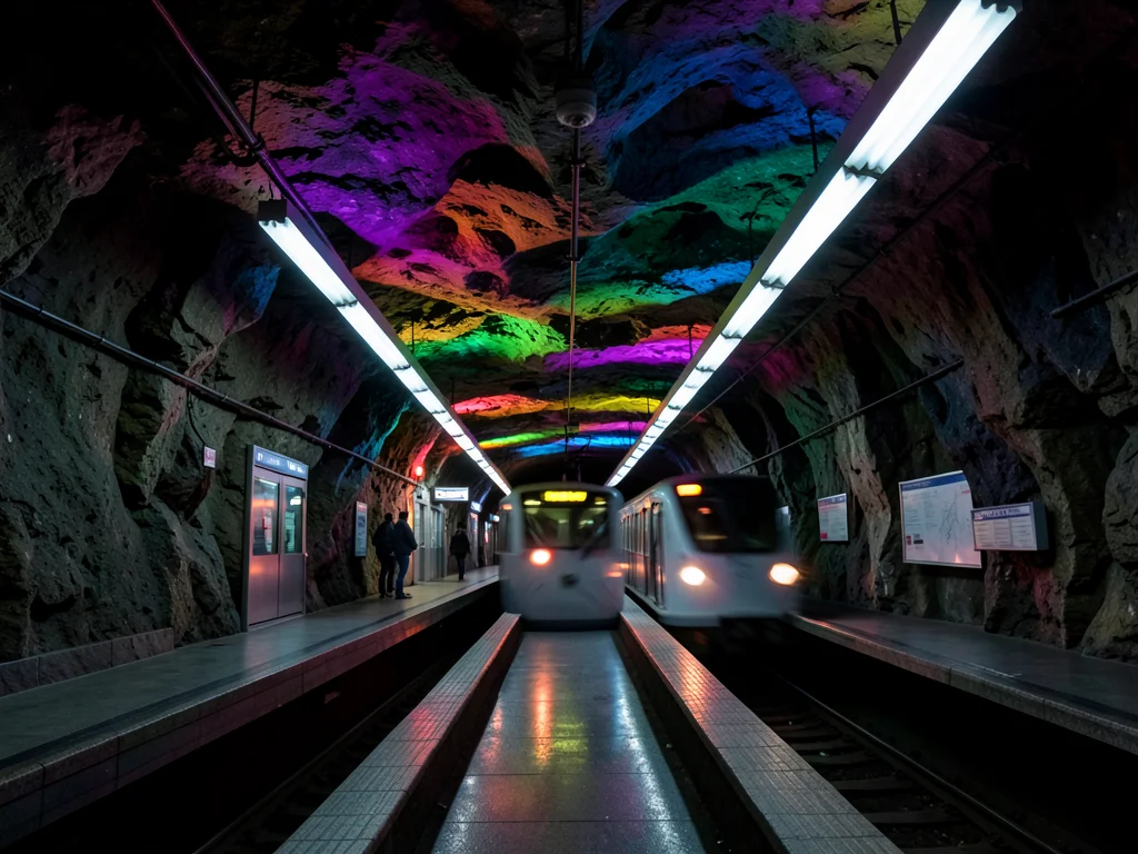 A Stockholm metro station carved from raw rock: colored light installations on t