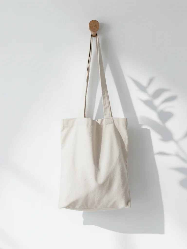 Tote bag hanging on a wooden peg, white wall, single plant shadow, product mocku