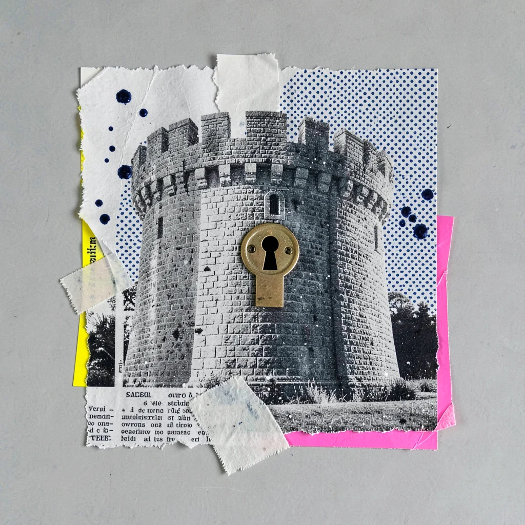 Layered halftone collage of a paper fortress with a brass keyhole, navy ink dots