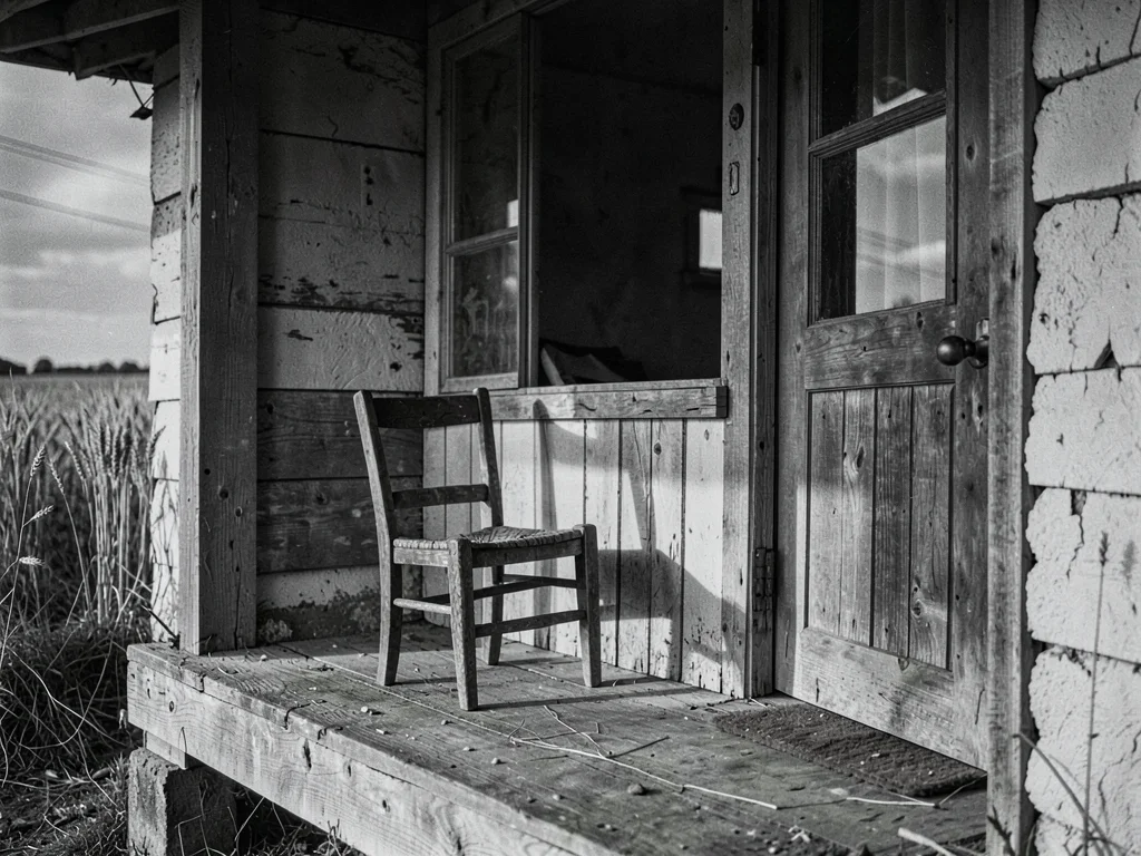 Abandoned farmstead: single chair left on porch, dry wheat visible to the horizo