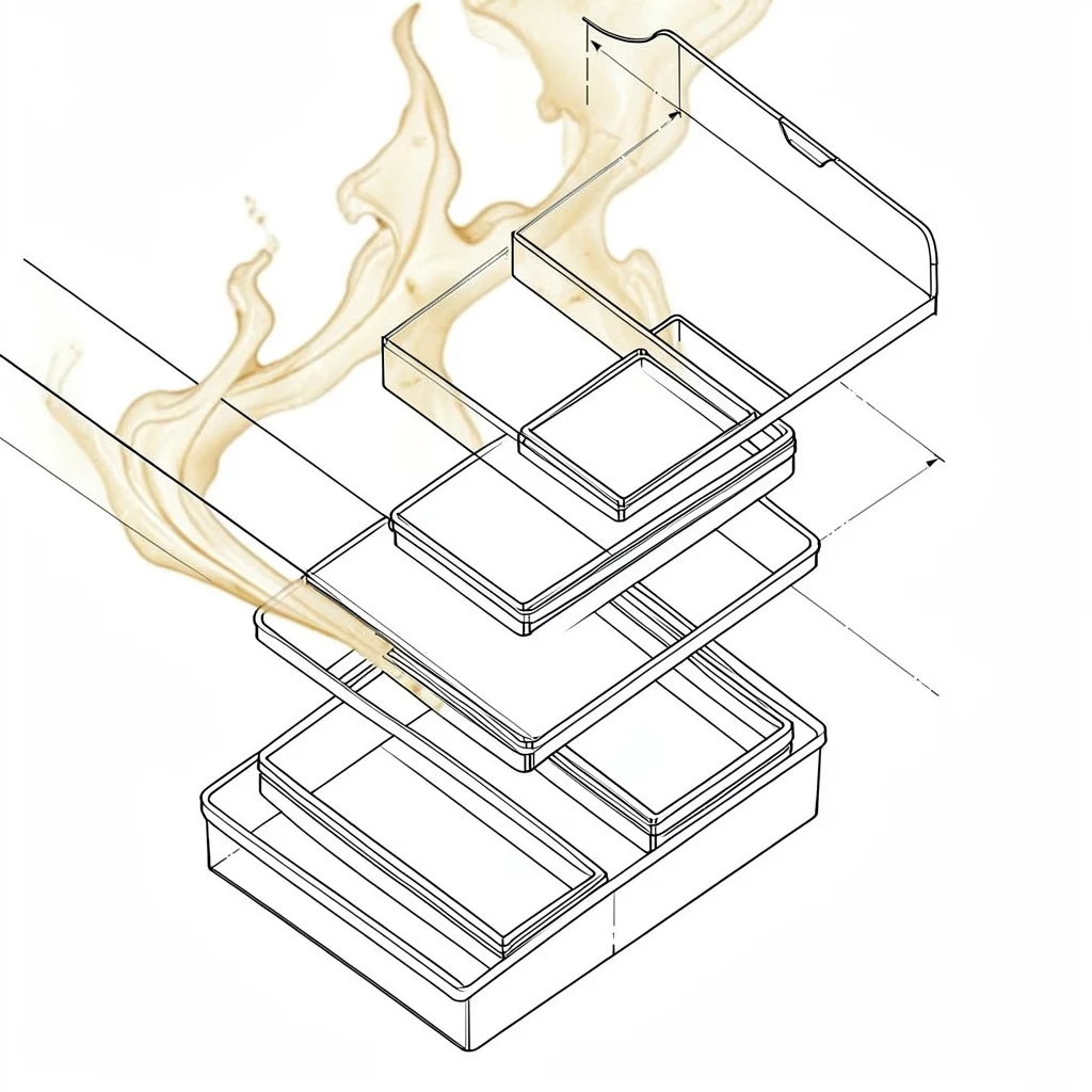 Axonometric exploded view of a tackle box with stacked trays, layered ivory line