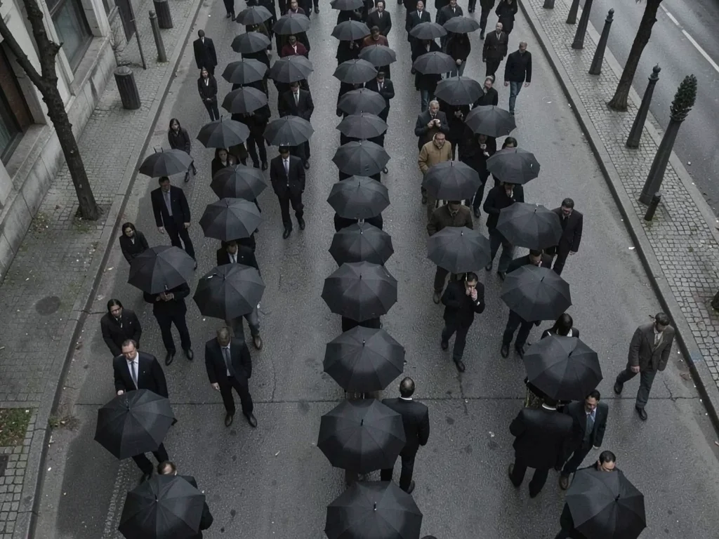 A funeral procession from above, black umbrellas moving through a grey day, the 