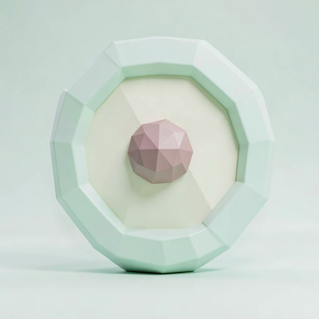 Bossed cream lowpoly buckler with a chunky mint outer ring and a faceted dusty-p