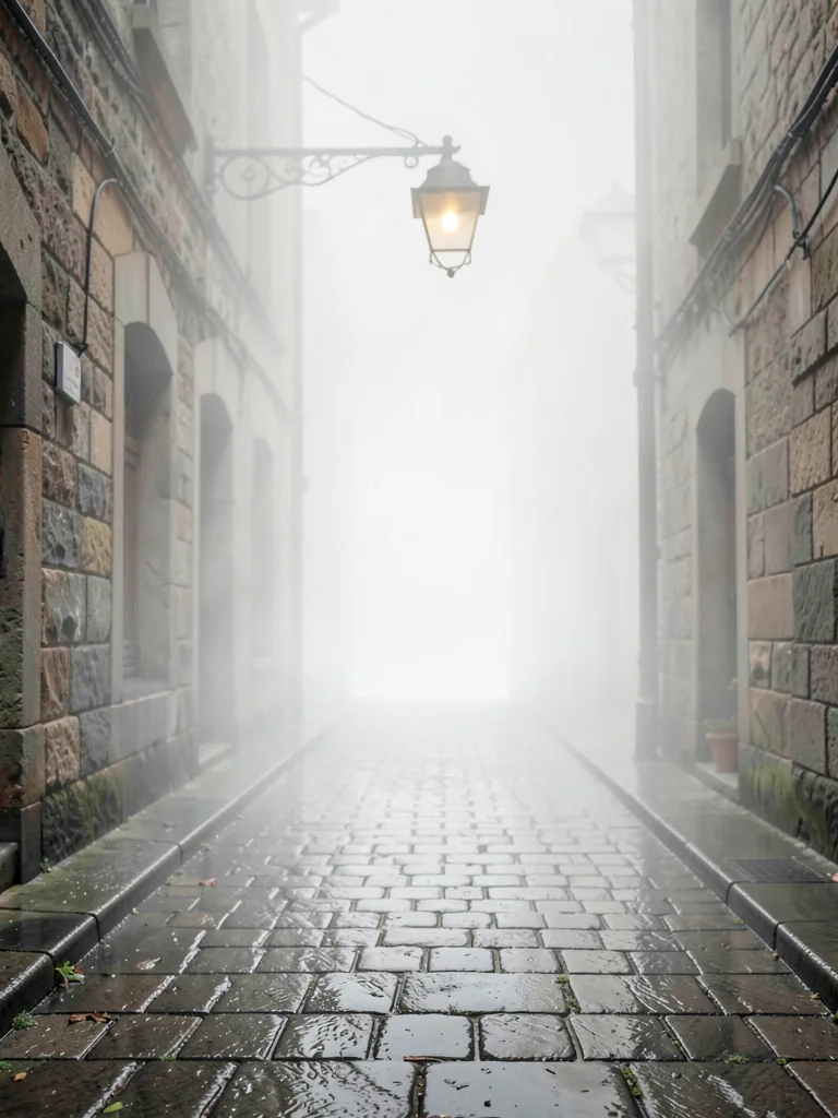 Wet cobbled alley with a single hanging lamp, far end of the street already gone