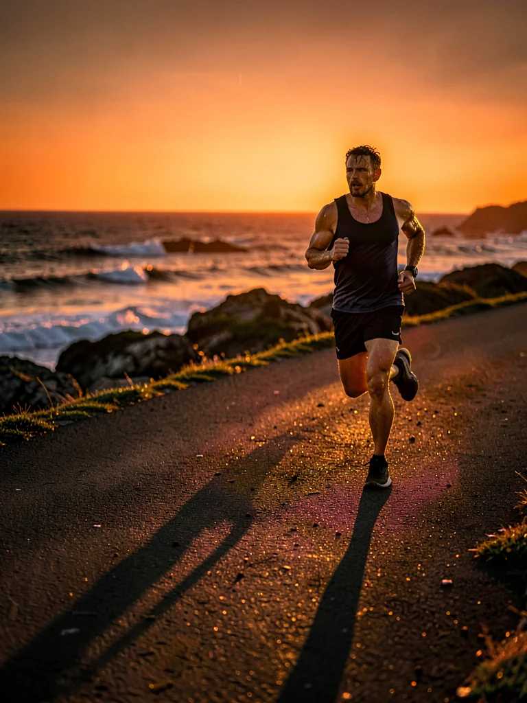 Runner on coastal path, sweat on skin turning to gold, ocean behind them burning
