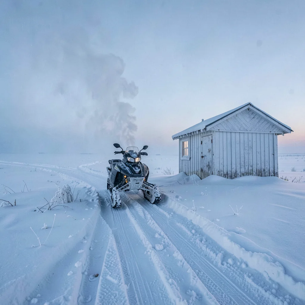 Arctic conditions photograph, extreme cold environment, A snowmobile parked outs
