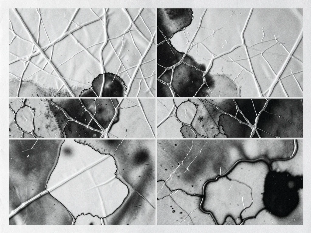 A chemigram made with crumpled plastic resist — irregular chemical reaction zone