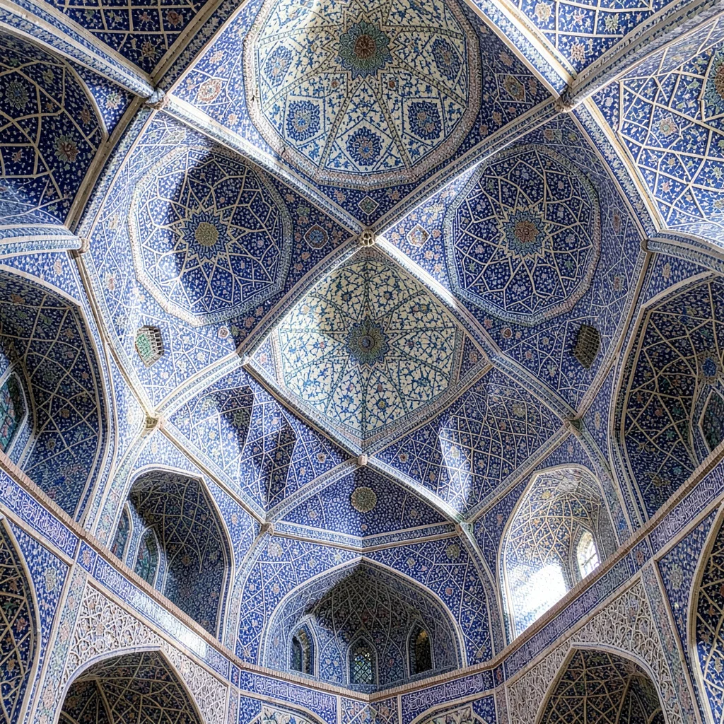 Samarkand blue majolica against Central Asian terracotta, multiple domed bazaar 
