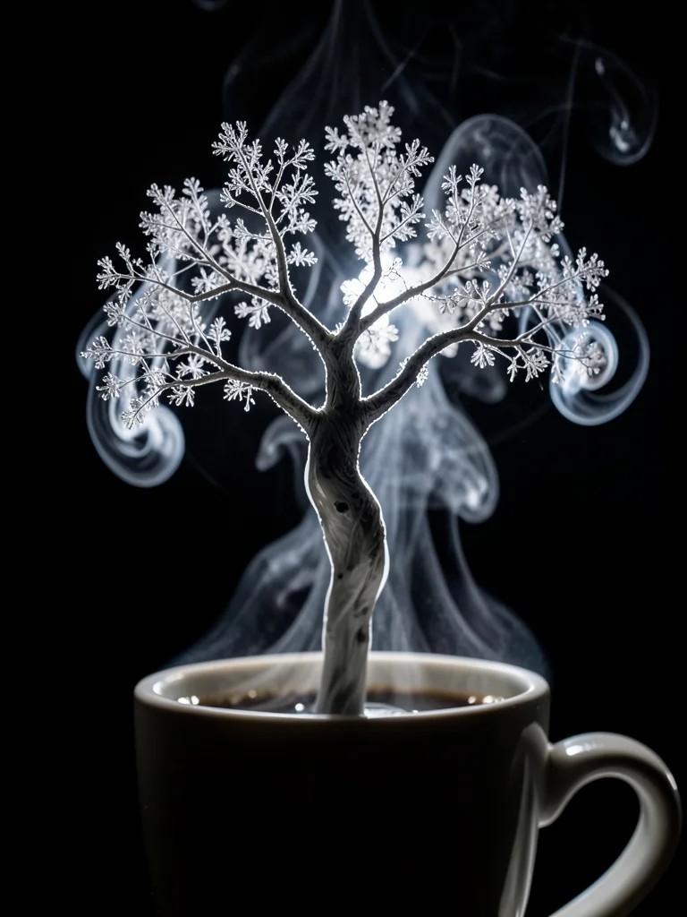 Steam from a coffee cup forming a transient fractal tree, extreme macro, focused
