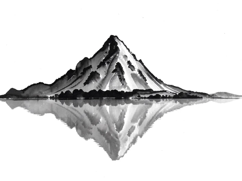Lone mountain peak reflected in perfectly still water, horizon barely visible