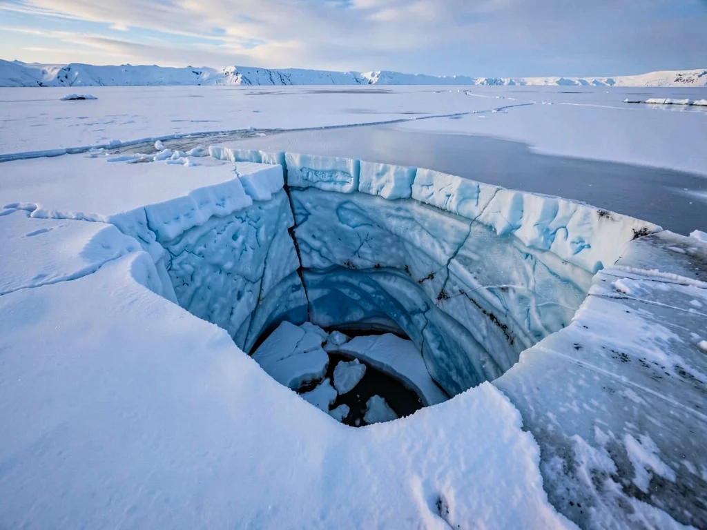 Crevasse bridge showing thin ice over void