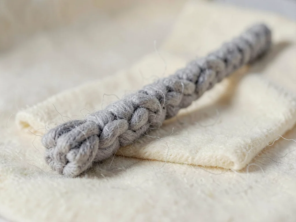 Bladed heather-grey knit hockey-stick with chunky-knit shaft and a felted tip, o