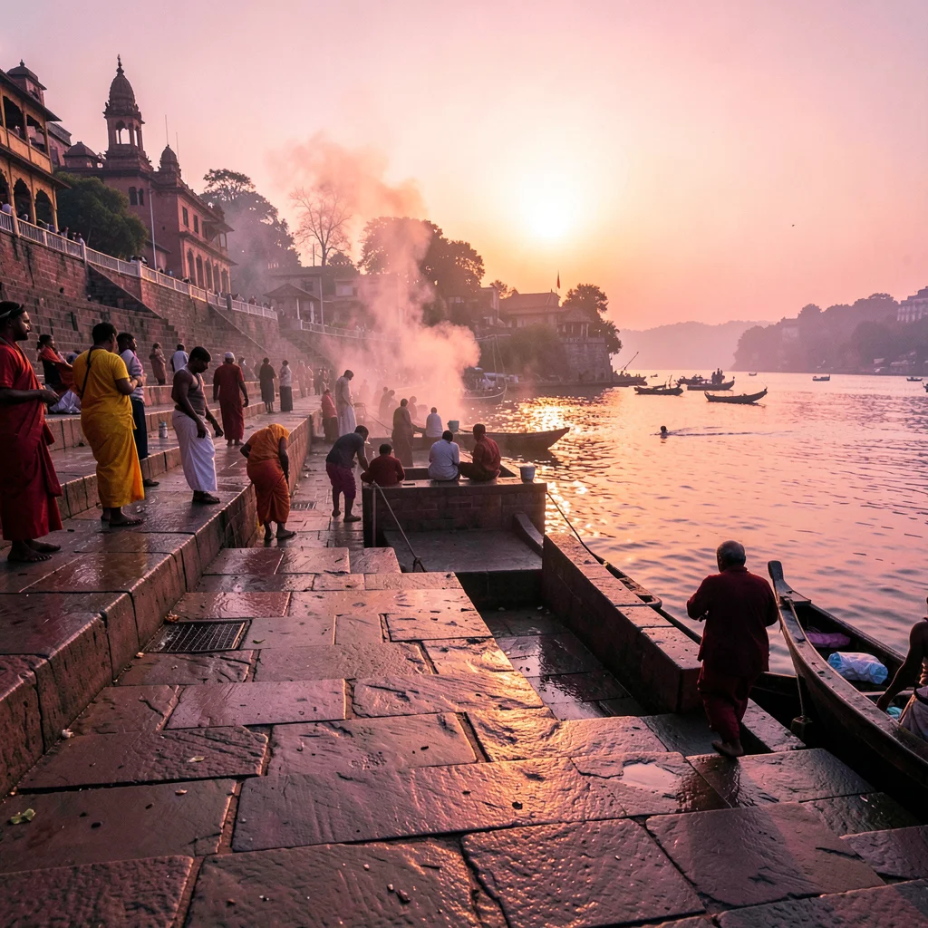 Varanasi ghat dawn, Ganges pink-gold light, wet stone steps leading to river, wo