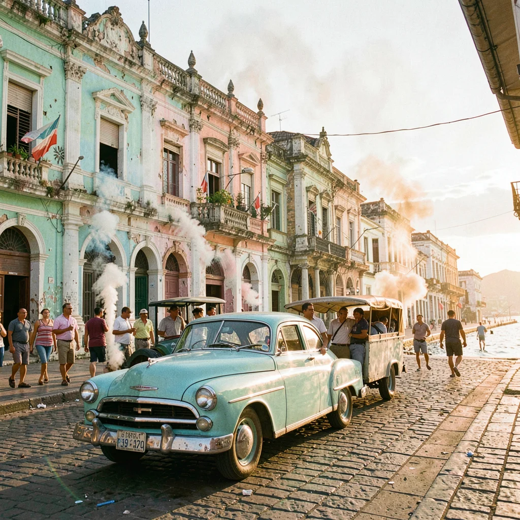 Faded pastel decay of Havana, Cuba, Taxi colectivo loading passengers, turquoise