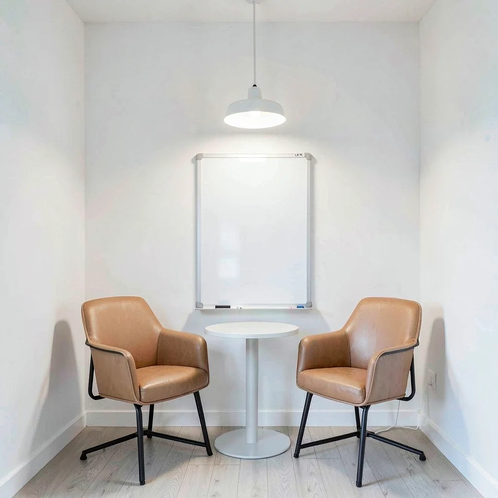 Empty whiteboard meeting nook with two tan leather chairs and a low pendant lamp