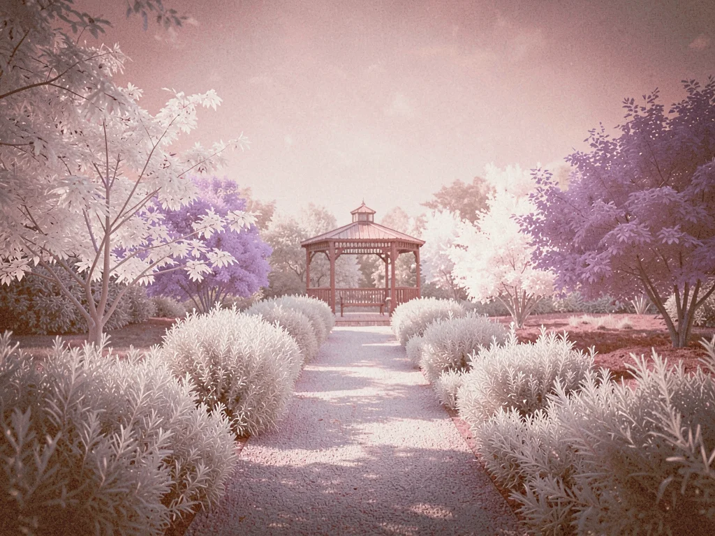 Botanical garden path lined with low silver hedges leading to a peach gazebo at 
