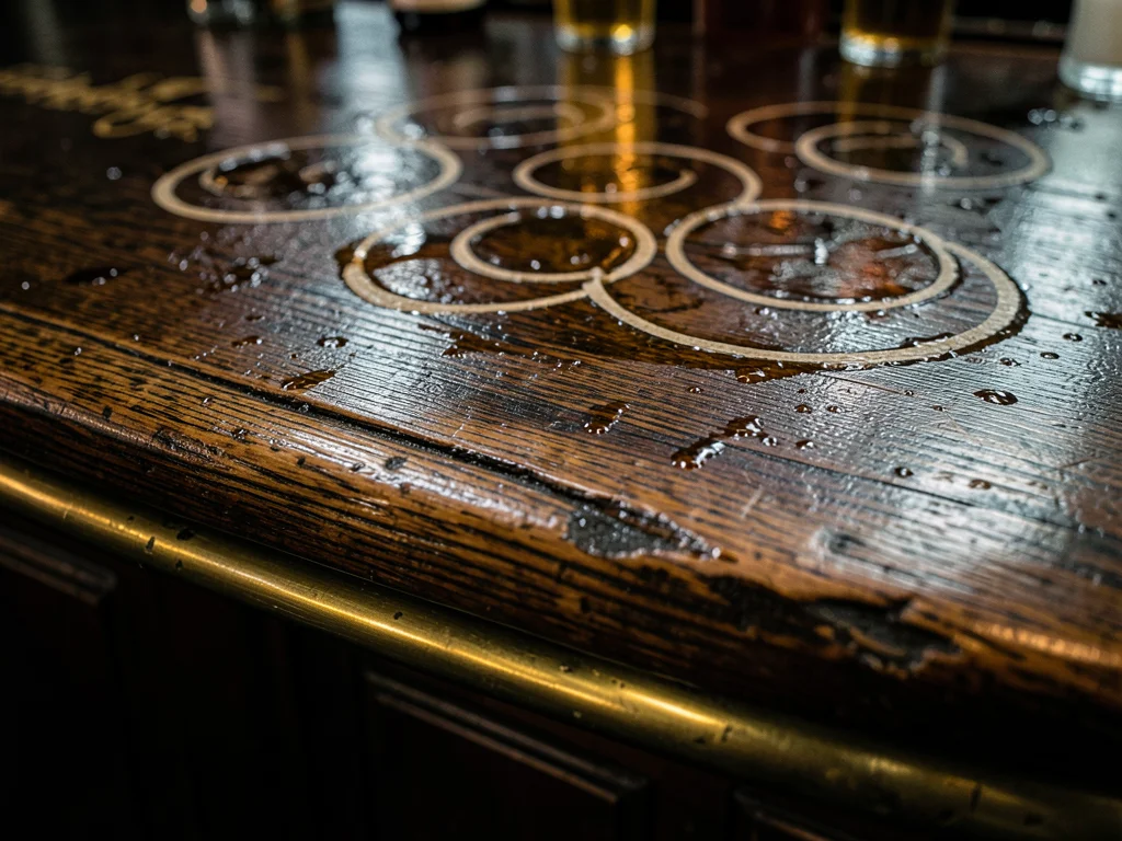 The top surface of a wooden bar in a 100-year-old pub, the oak stained dark from