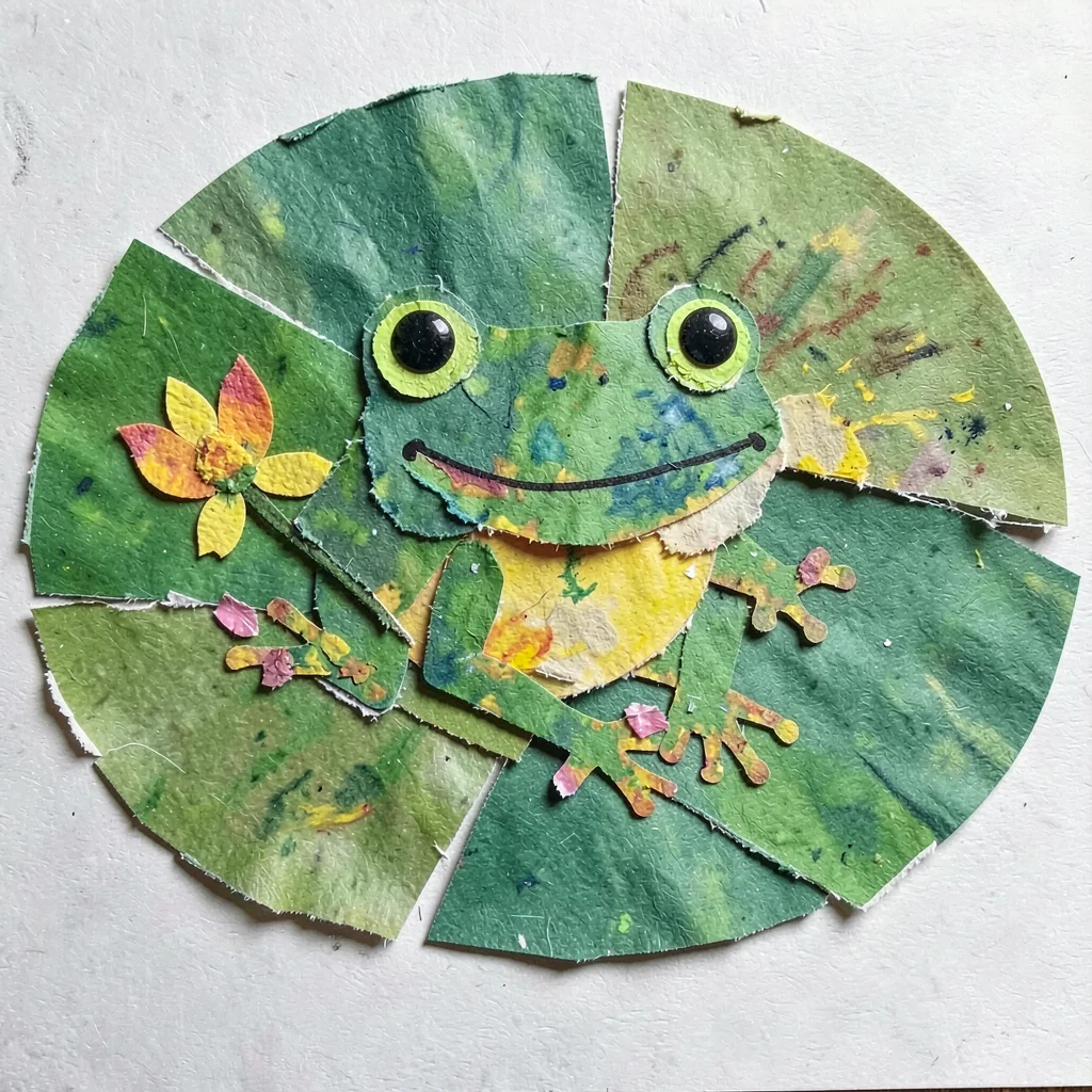 Paper collage frog on lily pad