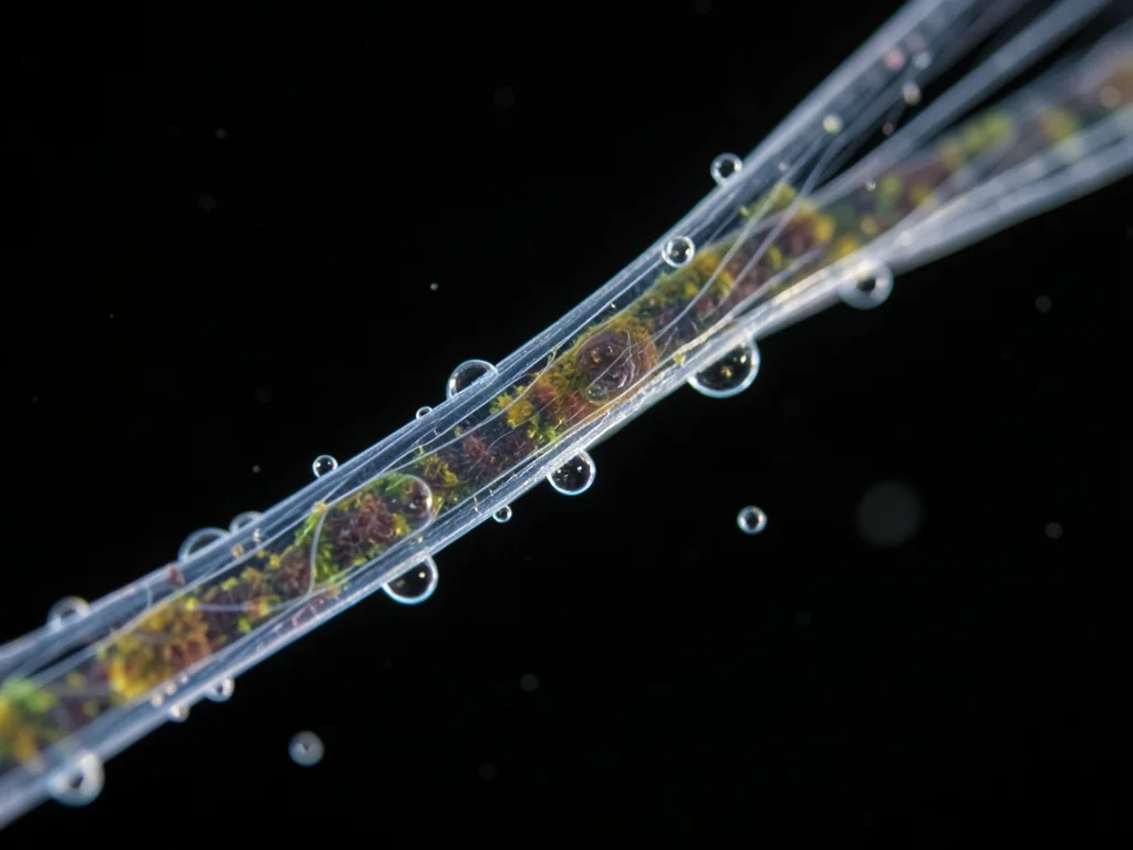 Spider silk strand under dark-field microscopy, glowing thread on dark backgroun