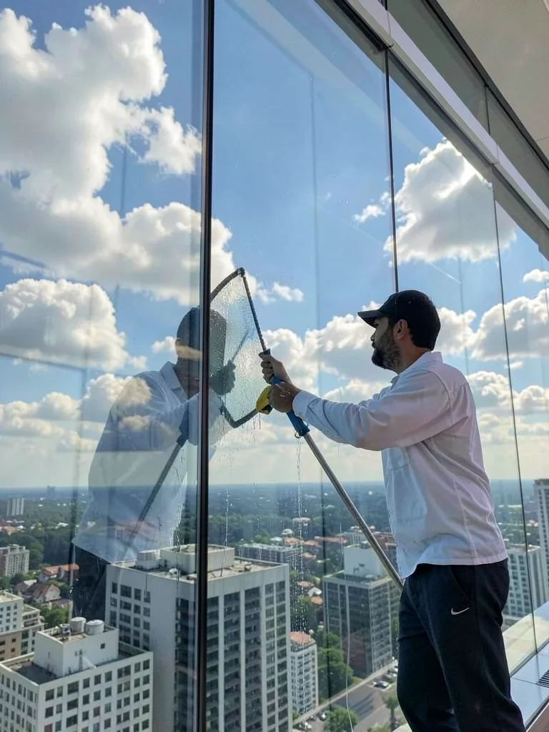 Window washer on high-rise reflected in the glass he's cleaning, floating in ref