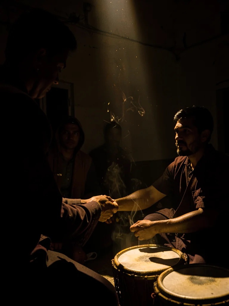 Dramatic light through darkness in Addis Ababa, Ethiopia, Church drums (kebero) 