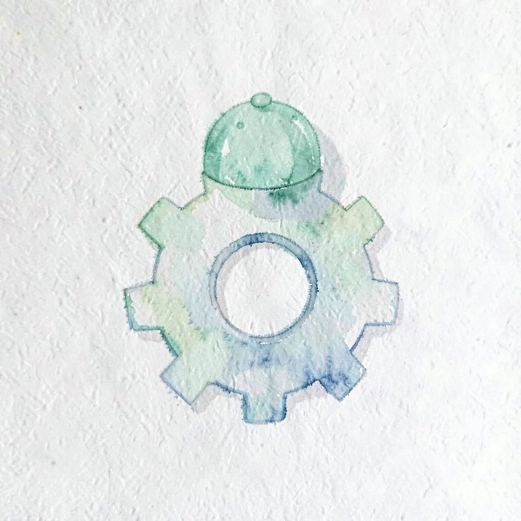 small abstract gear-and-belt shape combination with a single mint cap on top, ge