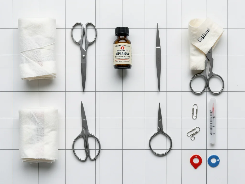 Contents of a vintage first-aid kit: rolled bandages, iodine bottle, scissors, t