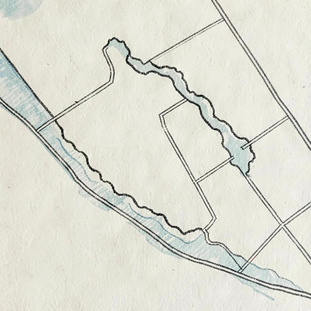 Hand-drawn cartographic territory map of a protected coastal parcel with hand-in
