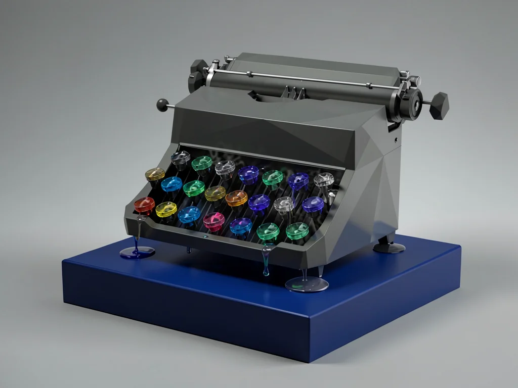 Glass typewriter in deep smoke-gray on an ink-blue plinth with soft caustic pool