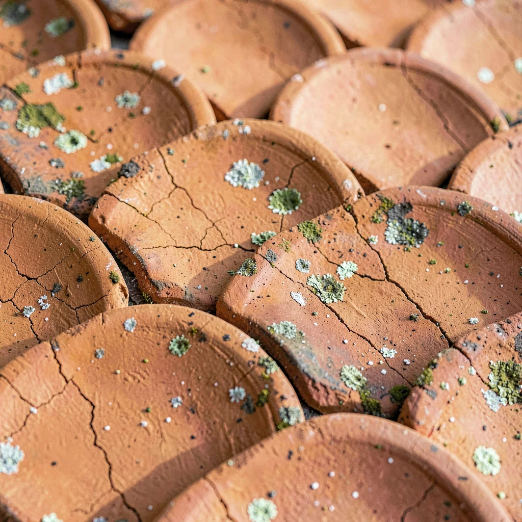Close study of clay terracotta tiles arranged in scallop courses, sun-baked rust