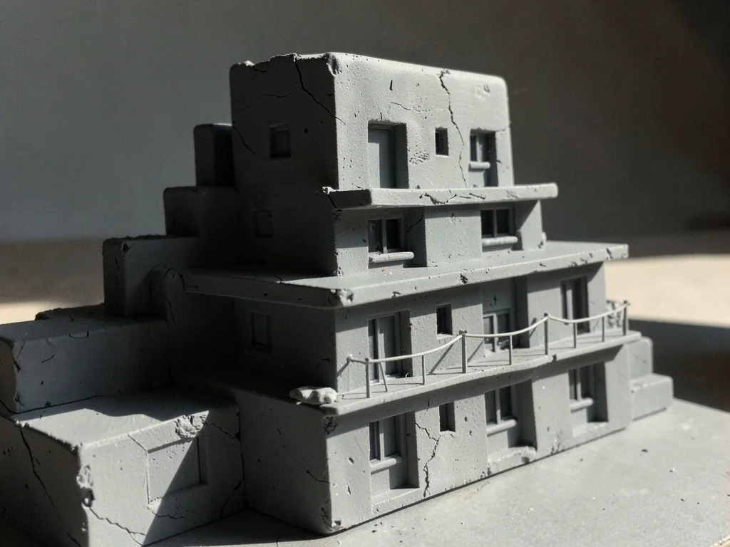 Block of grey clay social housing rising in stepped setbacks, balconies pinched 