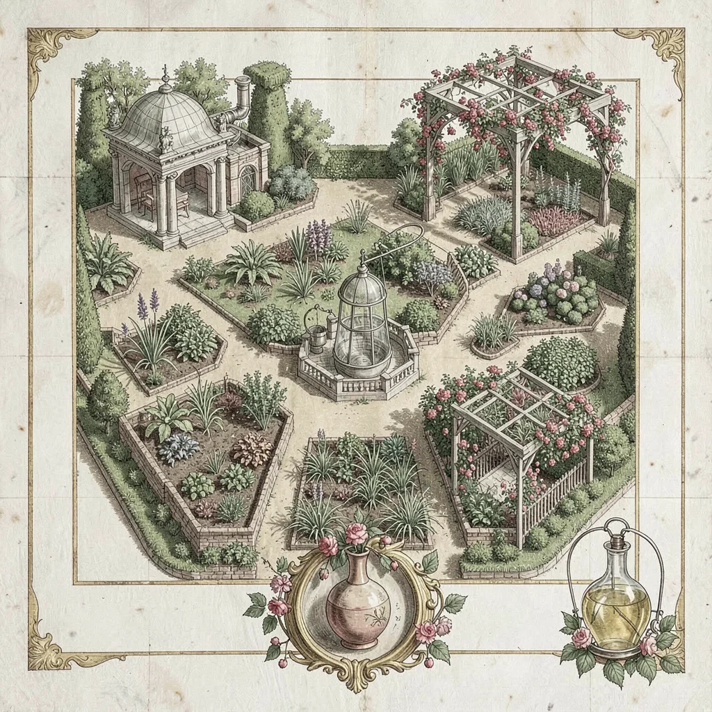 A Renaissance fictional perfumery-garden plan with herb beds, distillation pavil