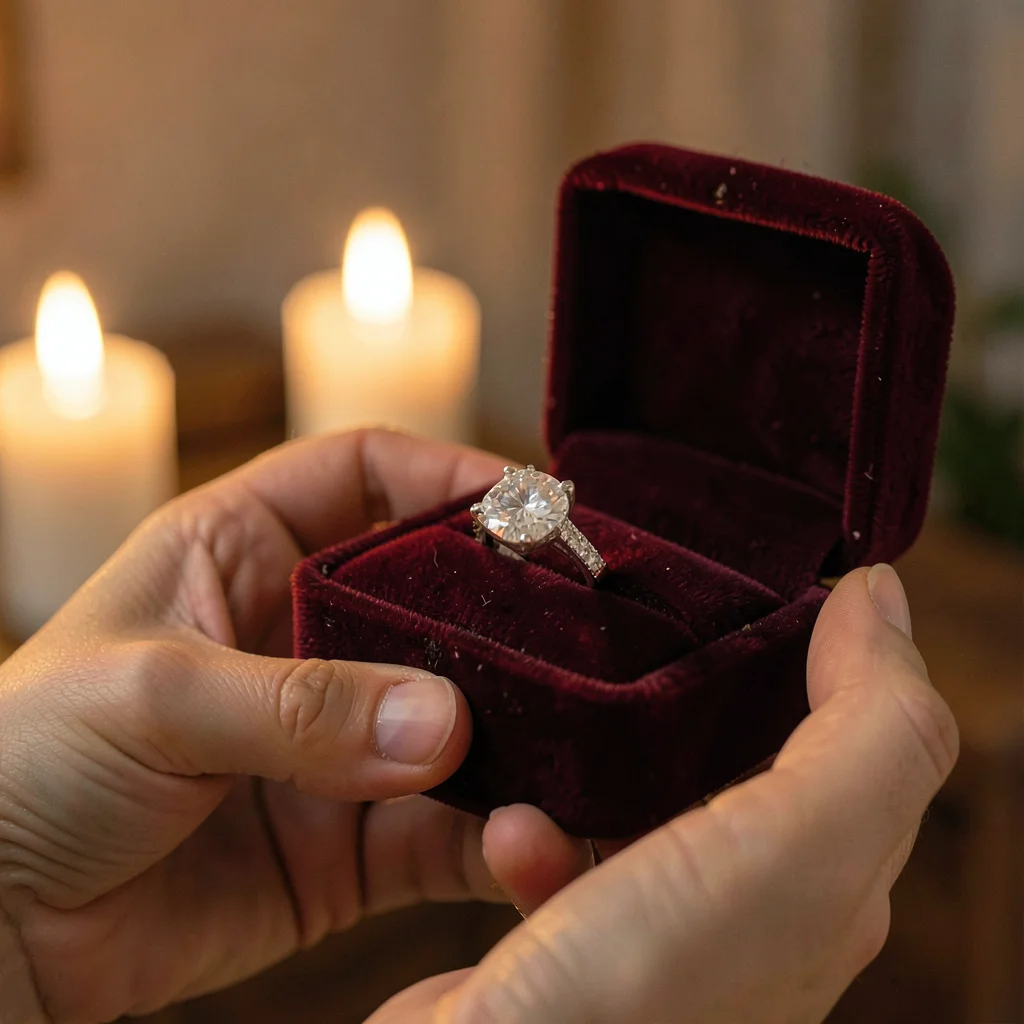 Warm vertical hero of a hand offering a finished engagement ring in a velvet box
