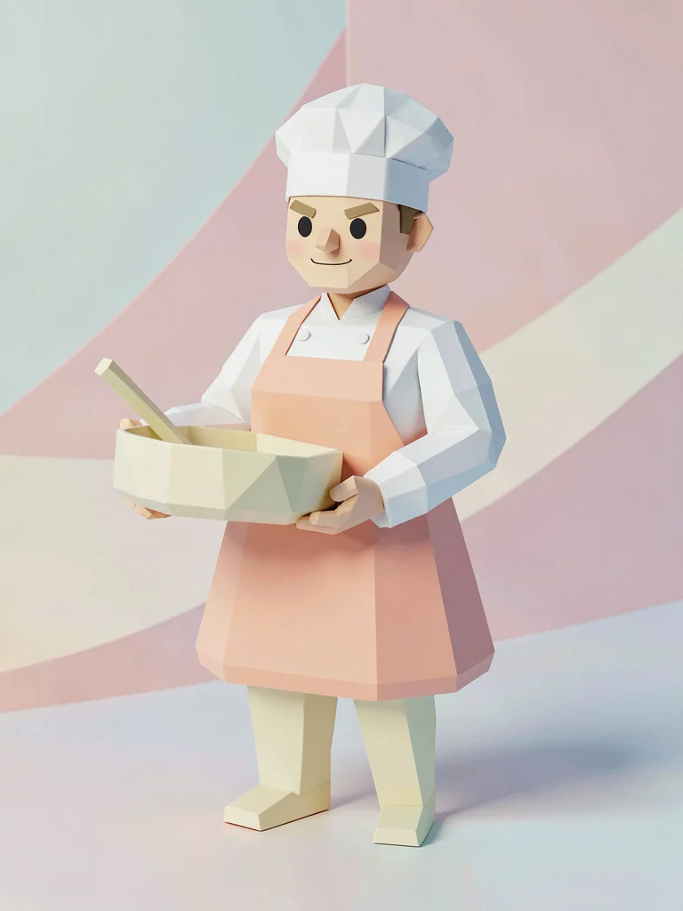 Apron mint lowpoly chef character holding a faceted cream pan with chunky peach 