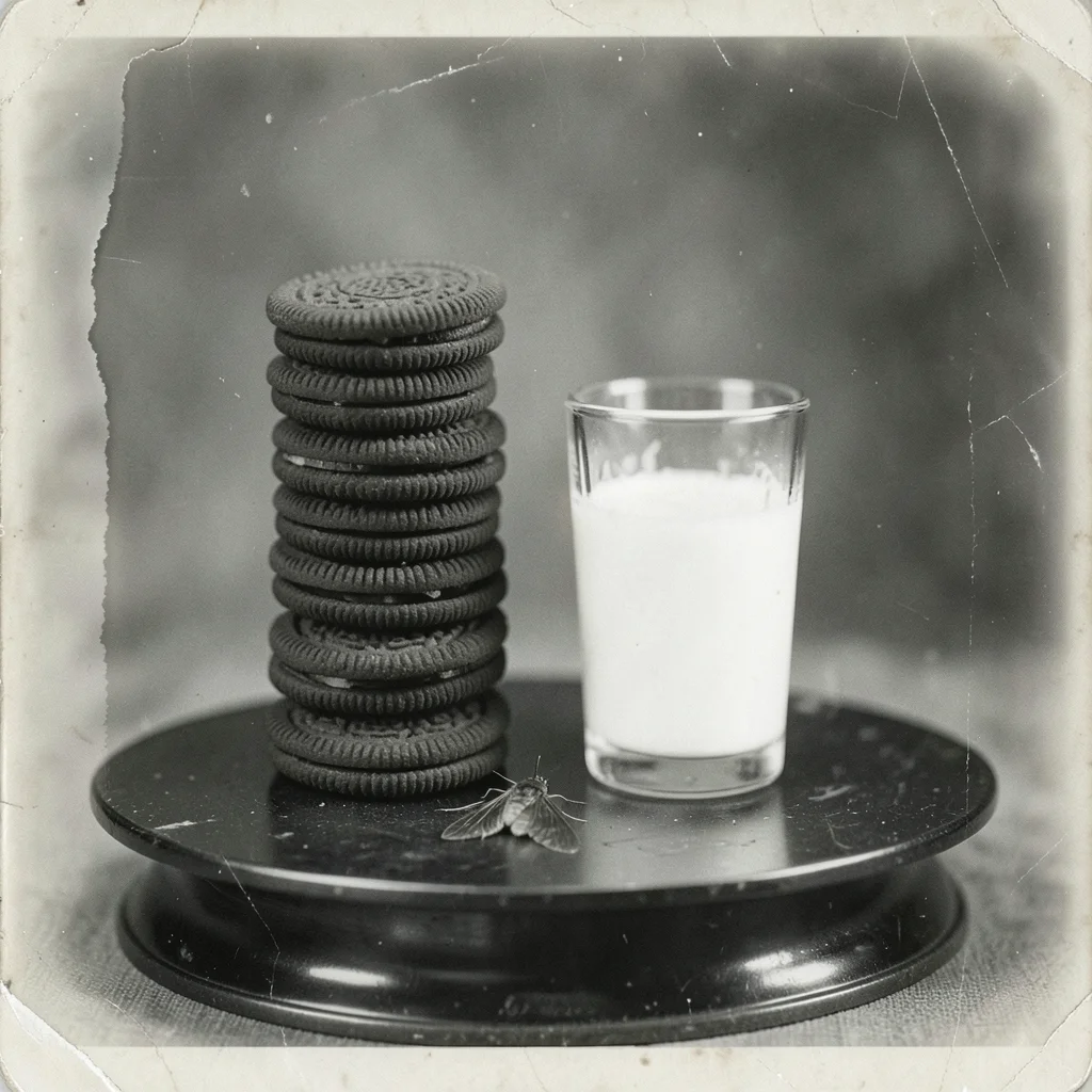 Stacked Oreo cookies forming a tower beside a half-drunk glass of milk and a sin