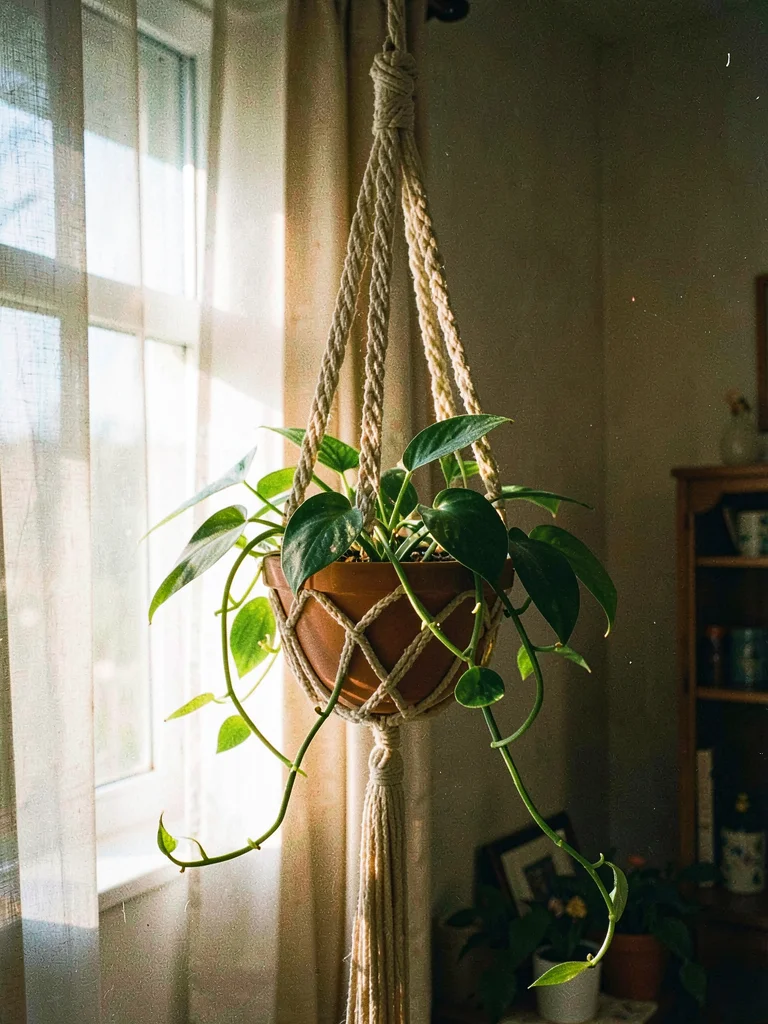 Macrame plant hanger with spider plant, sunlight through curtains, specific 70s 