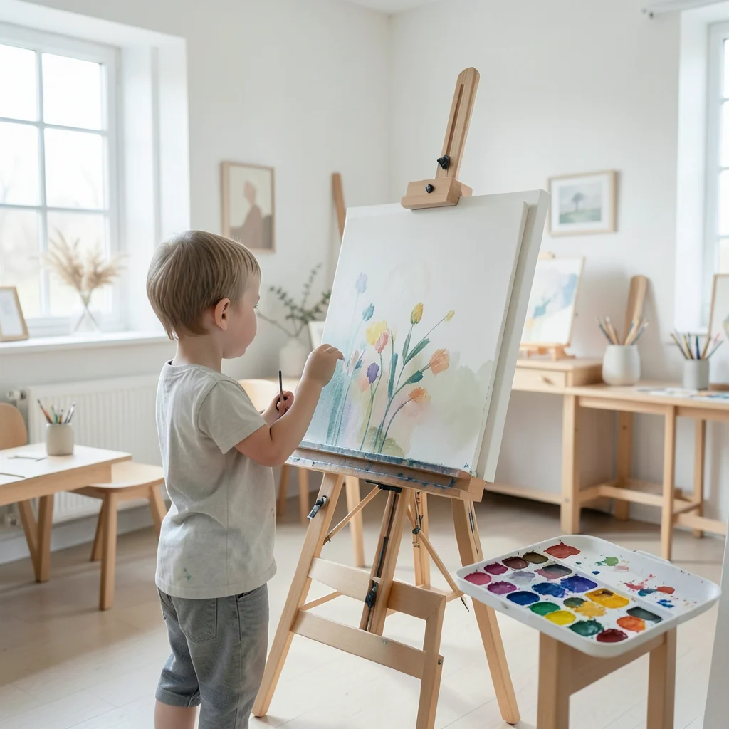 Child painting at an easel in a bright art classroom, palette of colors beside t