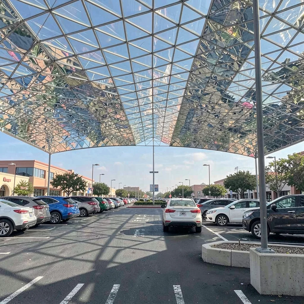 A Costco parking lot at peak Saturday, chrome and glass roofs forming glittering