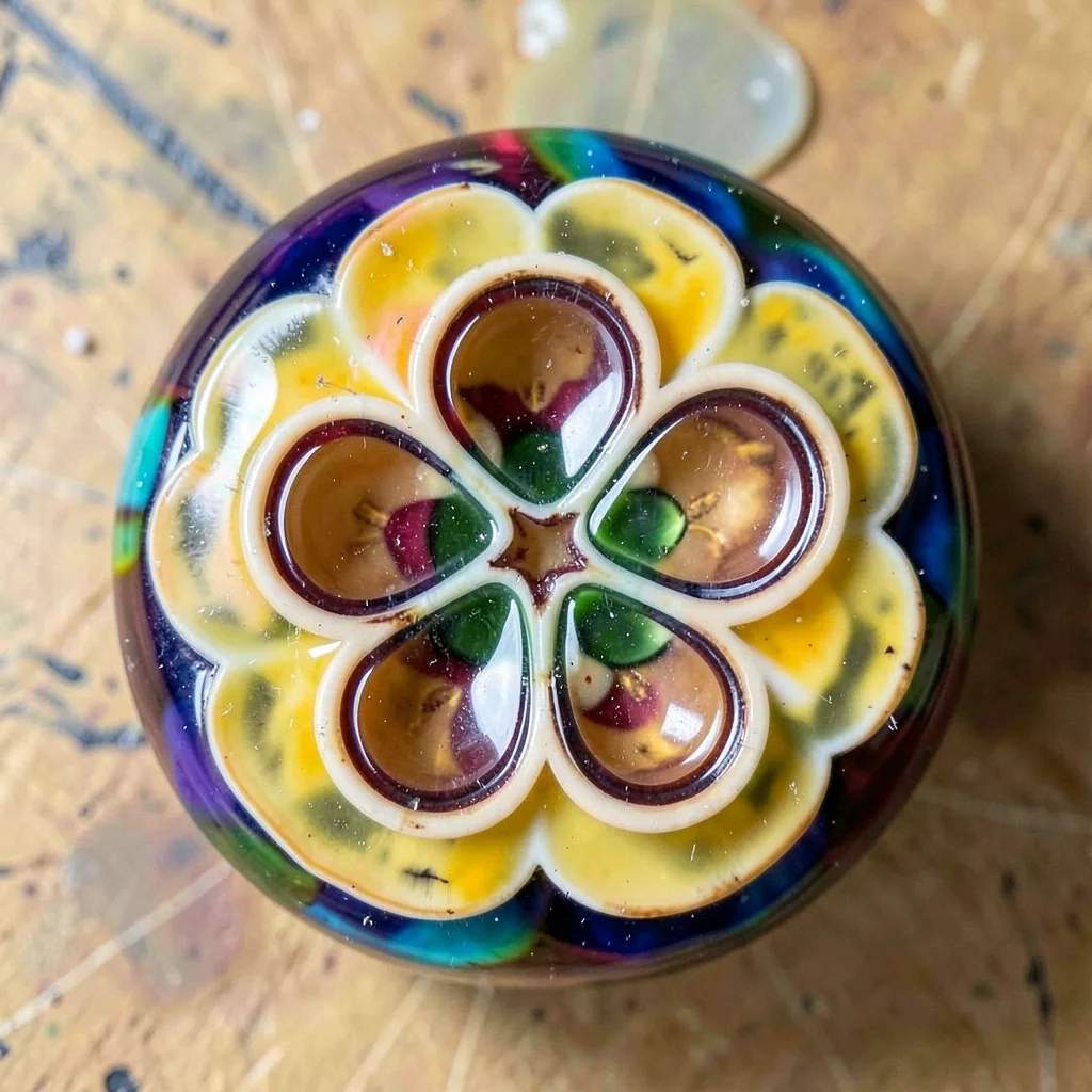 Close-up of single millefiori cane cross-section — six-petaled flower in concent