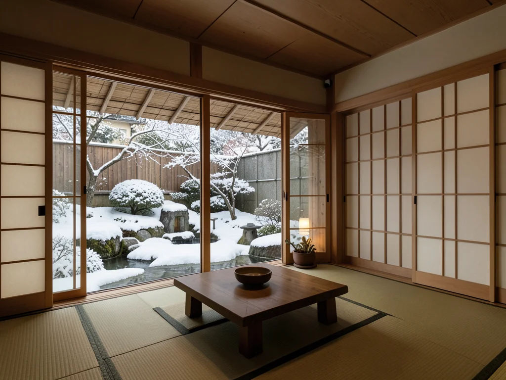 Japanese onsen ryokan room overlooking a snow-dusted garden, tatami mats, slidin