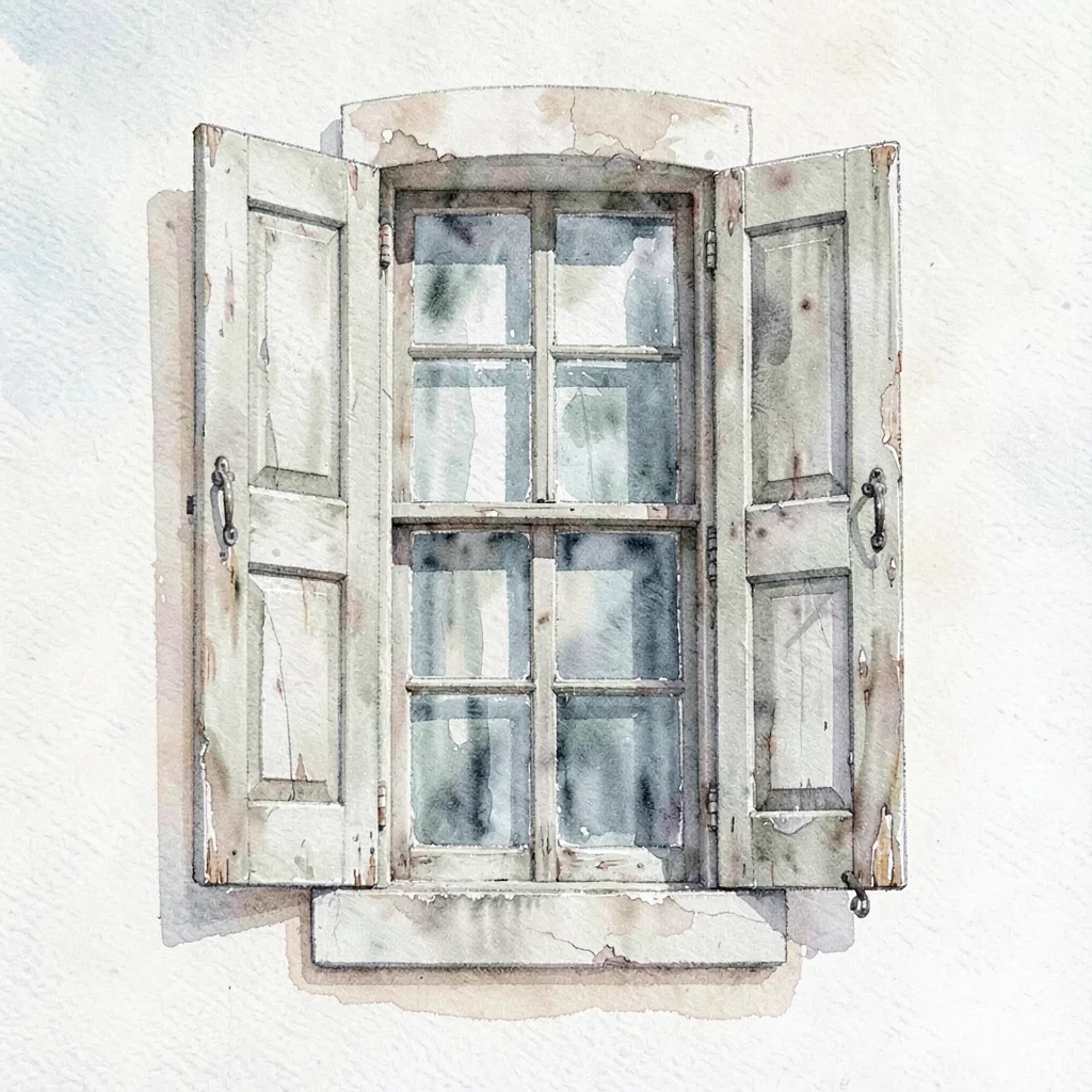 Atmospheric watercolor of a tall mill-house casement window with worn shutters p