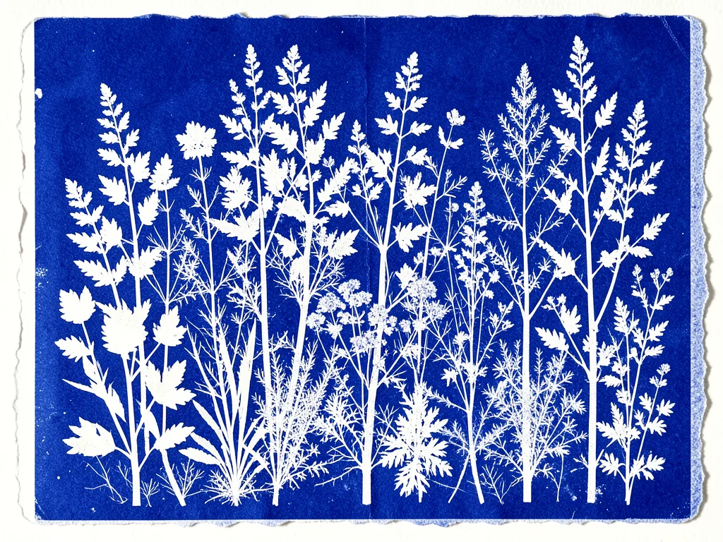 Large-scale cyanotype of entire herb garden arrangement, multiple species creati